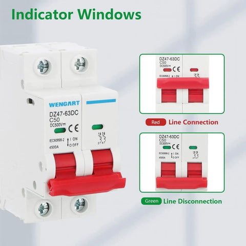 DC Miniature Circuit Breaker DZ47 63Z 500V 2 Poles 50A shown with red switches for connection status