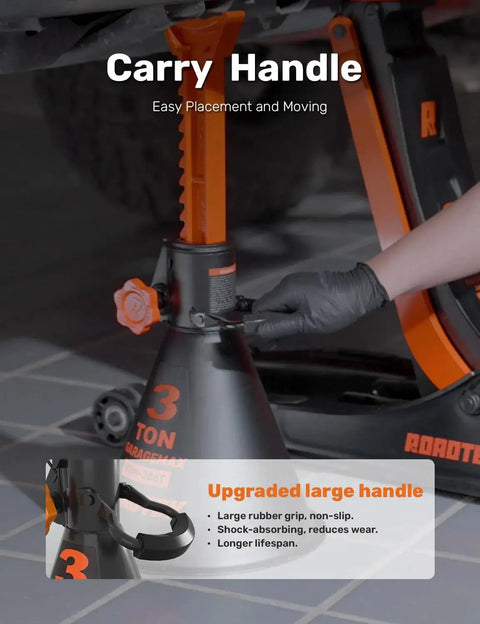 Close-up of 3 Ton Jack Stands With Integrated Steel Base And Double Locking For SUV, focusing on carry handle and base design.
