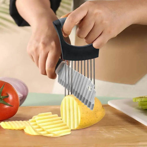Person using Crinkle Cutter Knife Set YuCool With Onion Holder Slicers Stainless Steel Kitchen Tool for slicing potato