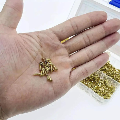 Hand holding gold finish self tapping screws bulk pack 1200Pcs countersunk M2 M2.5 M3 for wood plastic and soft metal DIY projects