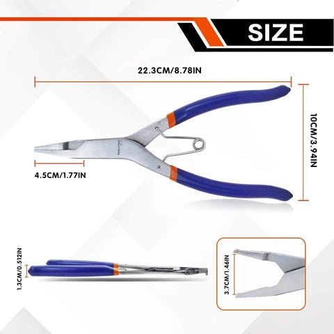 9 Inch Heavy Duty Snap Ring Pliers With Angled Tip Spring Loaded Lock Ring Pliers for automotive use, side view dimensions shown