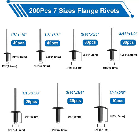 Pro Grade Beefed Up 1001 Piece Pop Rivet Gun Kit With Black Rivets Large Flange Rivets And Stainless Washers In Portable Toolbox chart showing 7 sizes of flange rivets