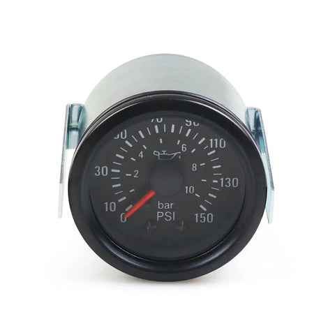 Front view of 2 Inch Mechanical Oil Pressure Gauge With Yellow LED Dial Light For Cars Reads 0 To 10 Bar Or 0 To 150 PSI 52mm Dial 12V NPT One Eighth Thread Easy Read Display Fits All 12V Vehicles From Dyno Racing.