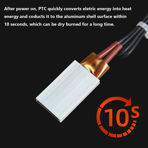 PTC plate heater with silver aluminum shell and copper contacts, black insulated leads, 2-piece set.