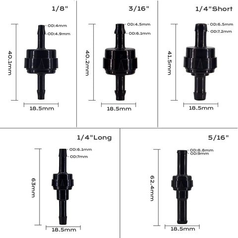 Amazon BBTUS PA66 automotive spring check valves, black, high temp and corrosion resistant, five sizes: 1/8, 3/16, 1/4 short, 1/4 long, 5/16