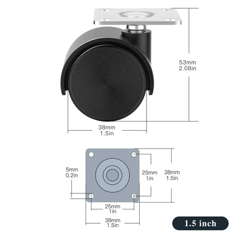 1.5 Inch Nylon Plate Swivel Caster Wheels Set Of 4 With 304 Stainless Steel Screws for furniture with dimensions illustration