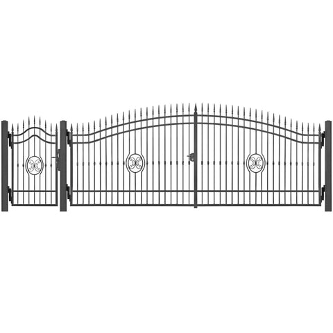 Decorative wrought iron gate with pointed finials and ornamental design, suitable for residential or commercial entrance.
