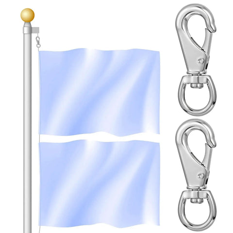 Two stainless steel swivel snap hooks for flagpole hardware with blue flag and silver pole, front view