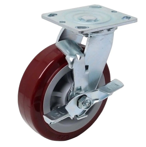 Heavy Duty Industrial Casters 6 Inch By 2 Inch With Top Plate 4 By 4.5 Maroon Single Swivel Caster With Top Lock Brake