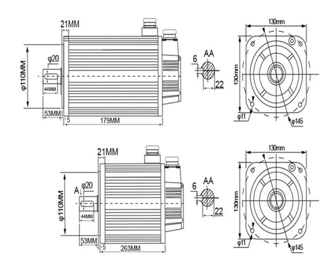 FPBIGCHA 130ST-M15025 servo motor technical drawing; side and front views with mounting dimensions