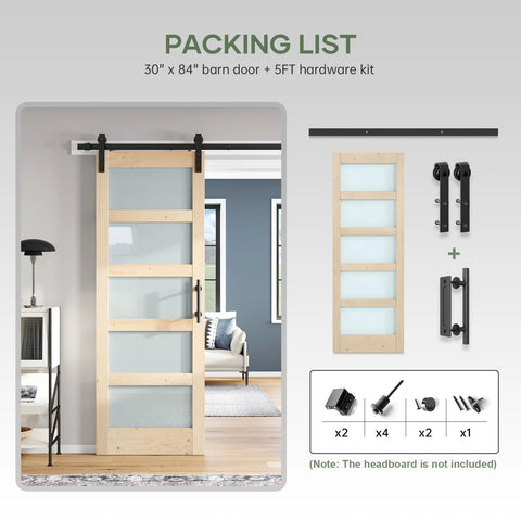 Glass Sliding Barn Door Slab 30x84 Inches With 5ft Hardware Kit Included, Frosted 5 Panel Glass, Spruce Wood Frame, Room View