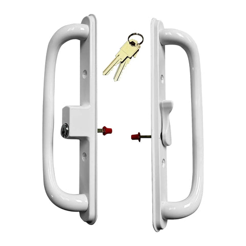 Sliding Patio Door White Offset Pull Handle Set With Keys For 10 Inch Escutcheon, Fits 3 15/16 Inch Hole Spacing And 1 1/4 To 2 1/4 Inch Door Thickness, Replacement Fix And Repair Hardware, Durable Escutcheon Plate