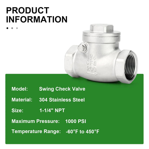 Swing check valve, 1-1/4 in NPT female, 304 stainless steel, CF8, backflow prevention