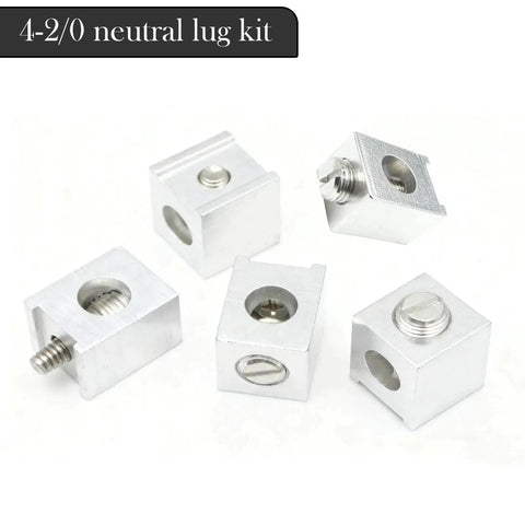 Five Pack Neutral Ground Lug Kit With Aluminum Ground Lugs For Electrical Panel And Ground Bar Installation, Sized For Four To Two Zero Gauge Wire, Includes Two Screws Per Lug, Silver Finish, Ready To Install