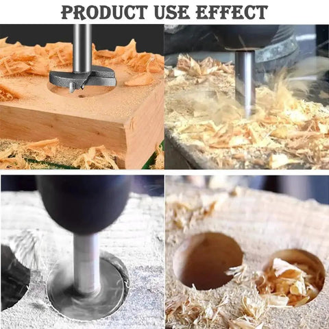 90mm Forstner Drill Bit With Tungsten Carbide Tip And Hex Shank in action on wood, showing various drill effects and hole cuts.