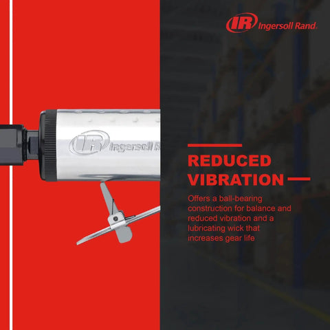 One Quarter Inch Air Die Grinder With Straight Head Design highlighting reduced vibration feature on red background.
