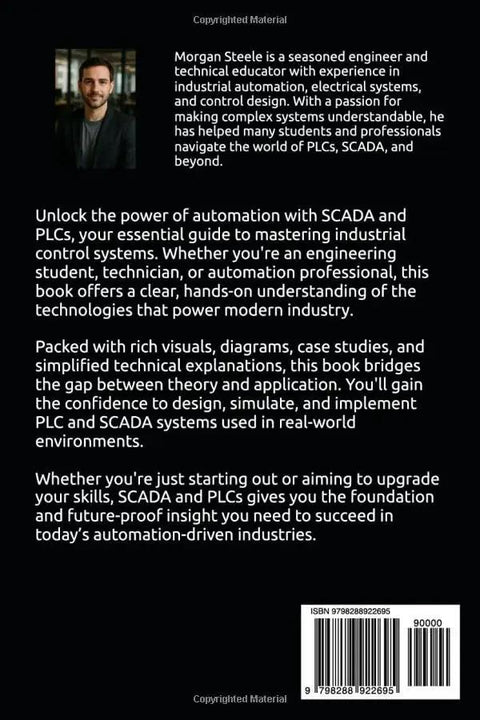 Back cover of Mastering SCADA and PLC Systems book by Amazon; author photo, text blocks, barcode at bottom right.