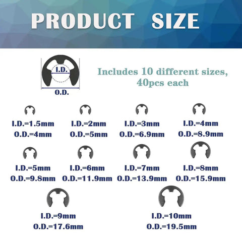 10 Size E Clips Assortment Kit With 400 Pieces External Retaining Rings Circlips 1.5mm To 10mm Black Alloy Steel Sizes Chart