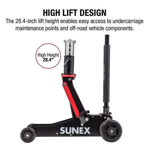 Side view of 2 Ton Off Road Jack With 28.4 Inches Lift Height, Rapid Rise Mechanism, steel-aluminum hybrid build.