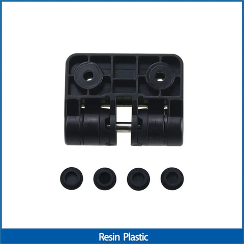 Front view of black resin positioning torque hinge with four circular end caps.