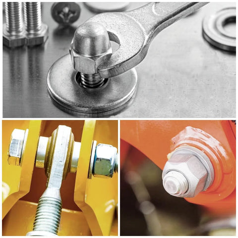 Stainless steel flat washer 5/8 in ID x 1-5/16 in OD under bolt and nut (installed)

Stainless steel flat washer 5/8 in ID x 1-5/16 in OD on bolt with yellow machinery, side view

Stainless steel flat washer 5/8 in ID x 1-5/16 in OD on bolt and nut, orange equipment close-up