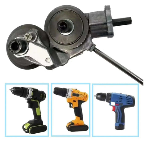 Plate Cutter Nibble Drill Attachment Workhorse with high-hardness cutting head shown next to three electric drills
