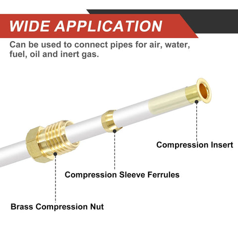 Brass 9mm tube compression fitting with nut, sleeve ferrules and insert; 10-piece set for water, oil and air pipes