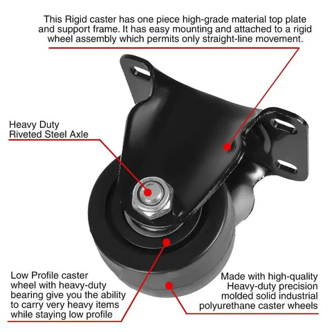 Side view of 2.5 Inch Heavy Duty Polyurethane Caster Wheels Pack Of 4, showing rigid steel axle and low profile design for easy rolling.