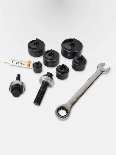 Manual Knockout Hole Punch Driver Kit For Conduit 1/2 Inch To 2 Inch Holes with punches, dies, wrench, and grease tube.