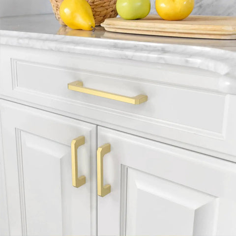 Brushed Gold Cabinet Pulls Set Of 10 5 Inch 128mm Brushed Brass Kitchen Handles installed on white cabinets