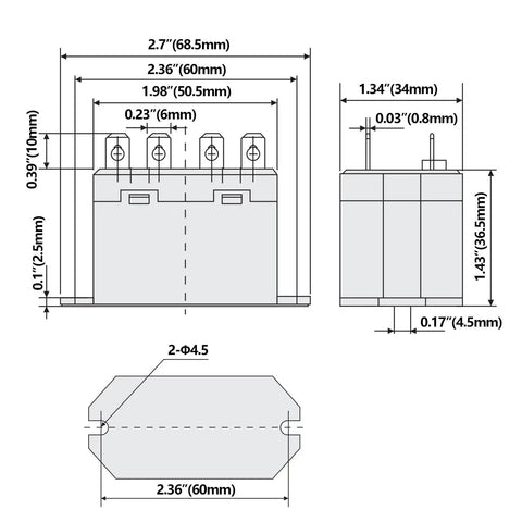 Technical dimensions of Beefy 30A General Purpose Relay For Industrial Use, 120V AC Coil, SPST-NO 4-Pin, UL CE TUV RoHS Certified, 2-Pack