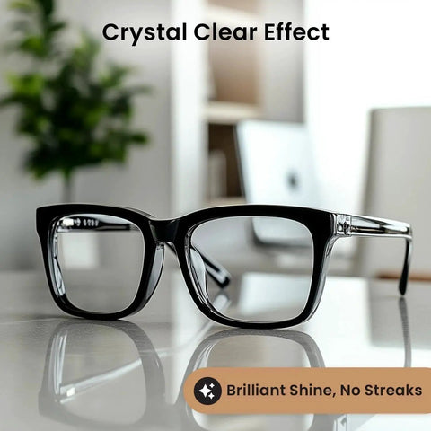 Streak-Free Glasses Cleaner Spray Kit With 2 Bottles And 2 Microfiber Cloths showing crystal clear glasses on a desk.