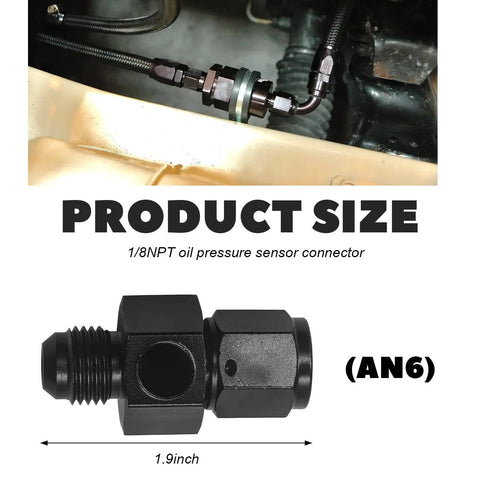 AN6 fuel line fitting adapter, male flare to female swivel, aluminum, 1/8 NPT gauge port, 1.9 inch length