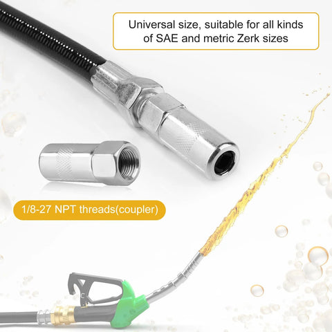 Grease gun accessory kit with 18-inch spring-flex hose and metal coupler, 1/8-27 NPT threads