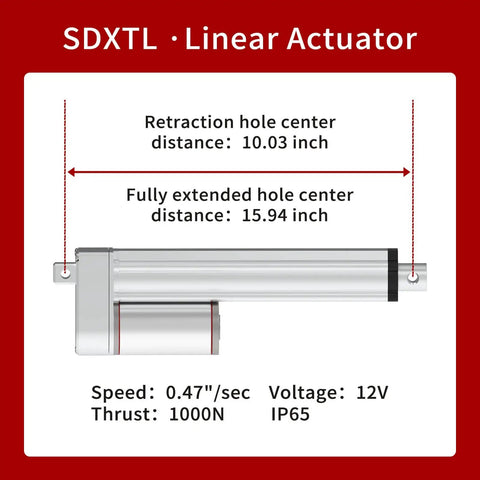 Diagram of SDXTL linear actuator with speed, voltage, and thrust details, showcasing retraction and extension distances.