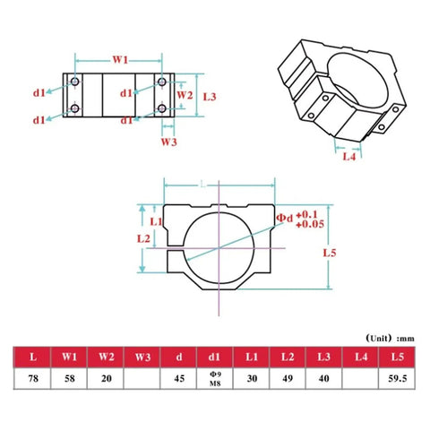Technical diagram of 45mm Aluminum Spindle Clamp Motor Bracket Holder for CNC Machines and Routers with dimensions and specifications.