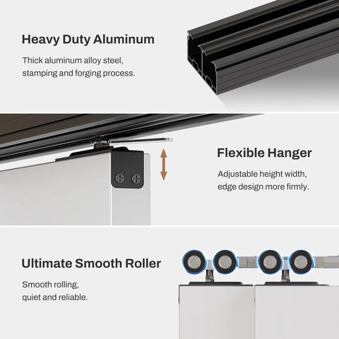 Close-up of 96-Inch Bypass Sliding Closet Door Hardware Track Kit, showing heavy duty aluminum track, flexible hanger, and rollers.