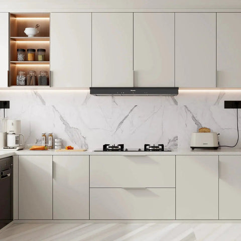 Modern kitchen with Brushed Nickel 10 Pack 5 Inch Edge Finger Cabinet Pulls Aluminum Alloy Hardware on white cabinets.