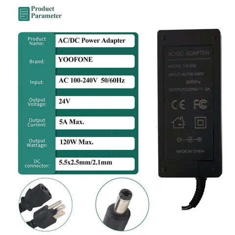 Beefy 24V DC Power Adapter 5A Switching Power Supply For LED Strip Lights CCTV Cameras And LCD Monitors, plug and specs
