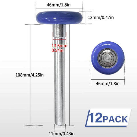 12 Pack Nylon Garage Door Rollers With 1.8 Inch Wheels For 2 Inch Track And 4.25 Inch Stems Heavy Duty Quiet Rollers Featuring Sealed 6200ZZ Precision Bearings For Smooth Low Noise Operation Blue, showing dimensions and blue roller.