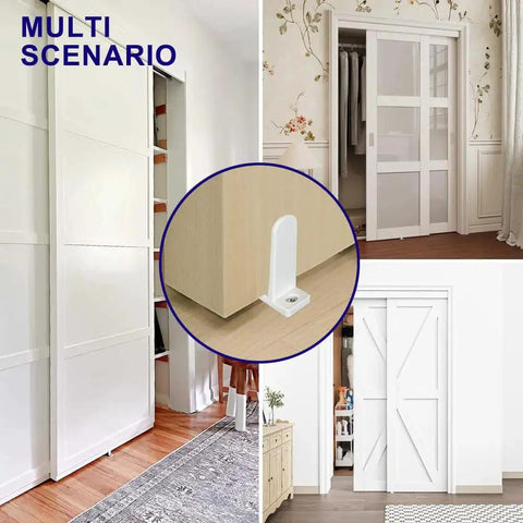 Durable ABS Sliding Closet Door Floor Guide For One And Three Eighths Inch Thick Doors, White And Black Cabinet Floor Guides with Screws shown in various room scenarios including closet, kitchen, and bathroom.