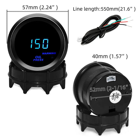 Oil Pressure Gauge Kit 52mm 2 Inch With Sender For 12V Cars And Trucks Digital Blue LED Display showing dimensions and wiring