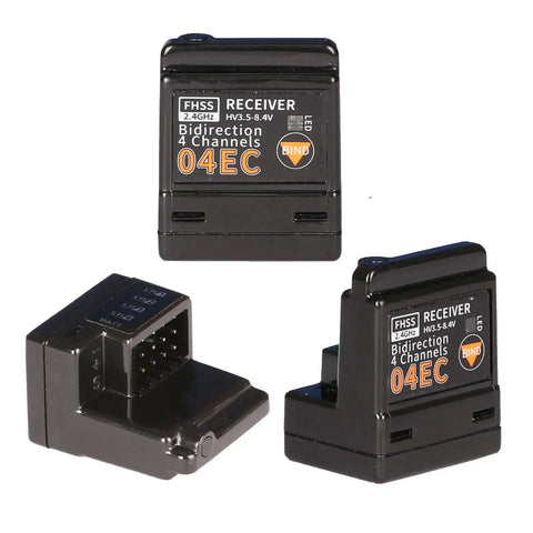 4CH 2.4GHz RC Receiver With SBUS2 And 8.4V High Voltage Internal Antenna showing three different views, compact design.