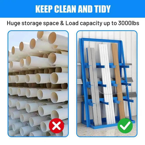 Beefy Vertical Long Parts Storage Rack With 3,000 Lb Capacity For Pipes And Lumber, Blue organizer in a workshop setting