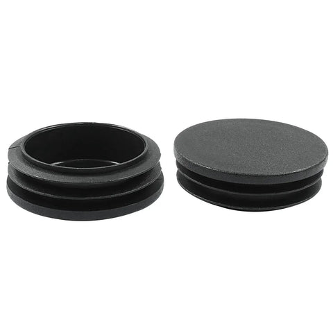 4 Pack 2 Inch Round Plastic Hole Plugs Black End Caps for Round Pipe Tubes, showing two black plastic plugs, side by side.