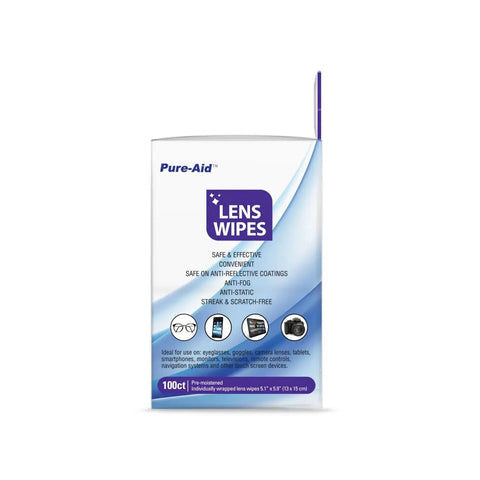 Box of Pure-Aid Lens Wipes For Eyeglasses Camera Lenses And Screens 100 Count Pack with blue and white design