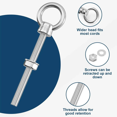 Metric M10 Eye Bolts 5 Pack Heavy Duty Stainless Steel 3/8 In By 4 In Long Welded Extension displayed with features like threads and wider head