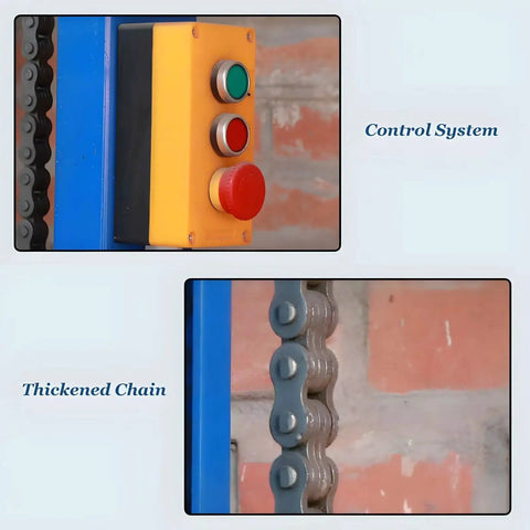 Electric lift control panel on blue wall-mounted rail with green start and red stop buttons; close-up of thickened chain