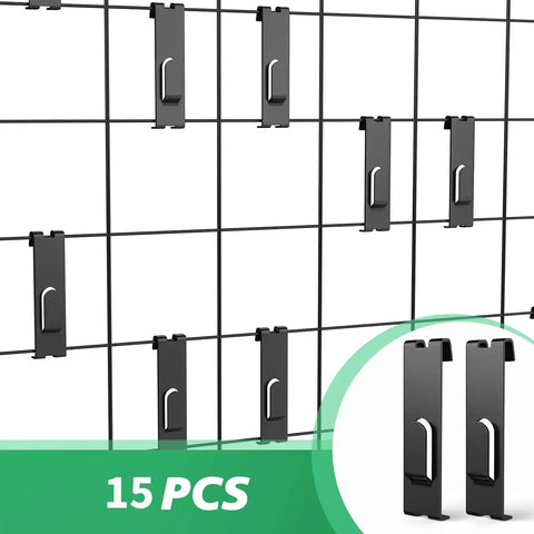 15 Pack Gridwall Notch Hooks Black Utility Hangers for Grid Wall Panels shown installed on a grid display
