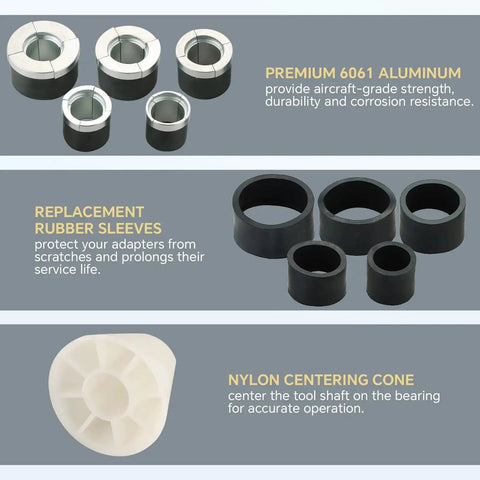Engine Cam Bearing Removal And Installation Tool Set components including aluminum adapters, rubber sleeves, nylon centering cone.